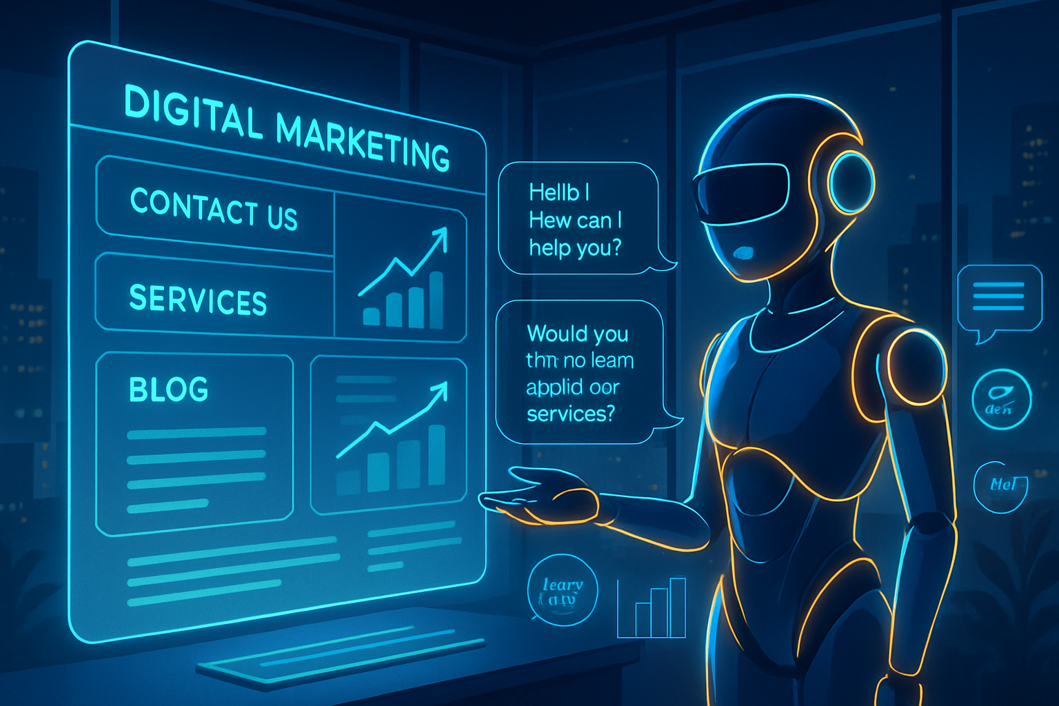 AI Smart Website + Chatbot: The Ultimate Tool for Digital Transformation futuristic digital marketing scene